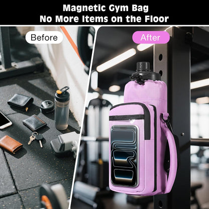 MoKo Magnetic Gym Bag, Magnetic Water Bottle Holder with Clear Phone Pouch, Built-in 4 Magnets Fitness Bag for Men and Women Compatible with Most Water Bottles, Gym Accessories Gifts, Black