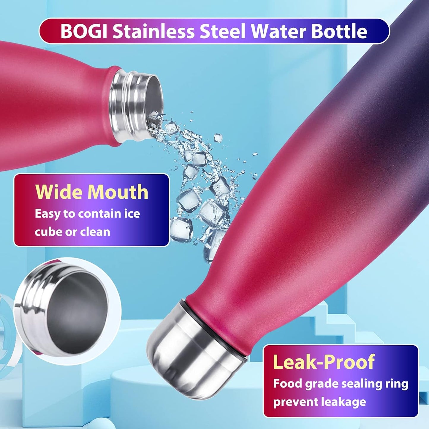 BOGI 17oz Insulated Water Bottle Double Wall Vacuum Stainless Steel Water Bottles, Leak Proof Metal Sports Water Bottle Keeps Drink Hot and Cold - Perfect for Outdoor Sports Camping Biking (Purple)