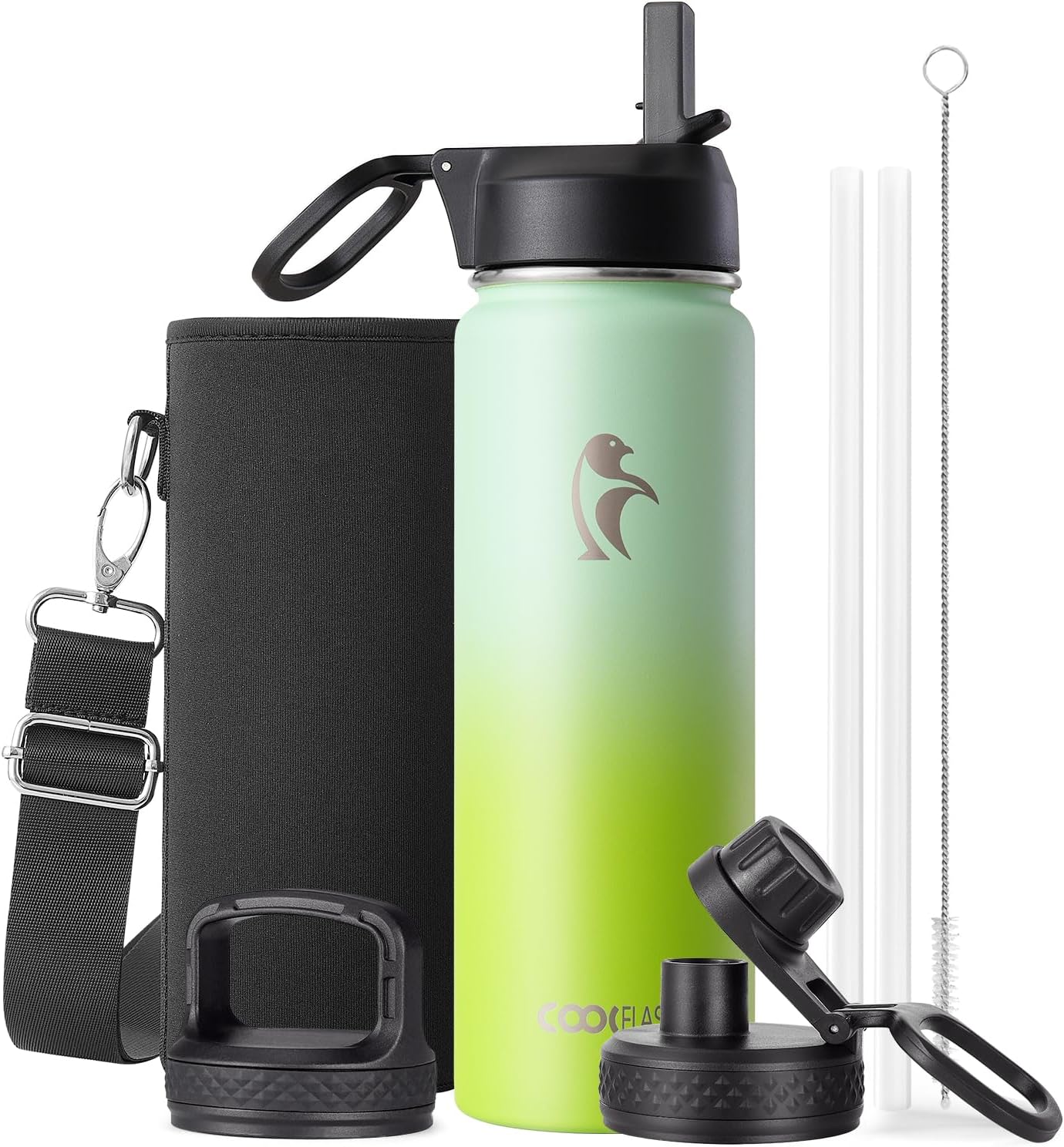 Half Gallon Water Bottle Insulated with Straw & 3 Lids, Coolflask 64 oz Water Jug Large Metal Stainless Steel Wide Mouth for Sports, Gym or Office, Non-BPA Keep Cold 48H Hot 24H, Samurai Cyan