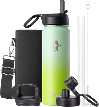 Half Gallon Water Bottle Insulated with Straw & 3 Lids, Coolflask 64 oz Water Jug Large Metal Stainless Steel Wide Mouth for Sports, Gym or Office, Non-BPA Keep Cold 48H Hot 24H, Samurai Cyan