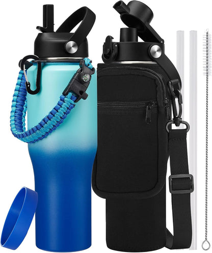 Insulated Water Bottle 40 oz - Fits in any Car Cup Holder, Keep Cold 48H Hot 24H, Stainless Steel Waterbottle Double Wall Flask with Straw, Pop-up Spout Lid, Paracord Handle, Carrier Bag
