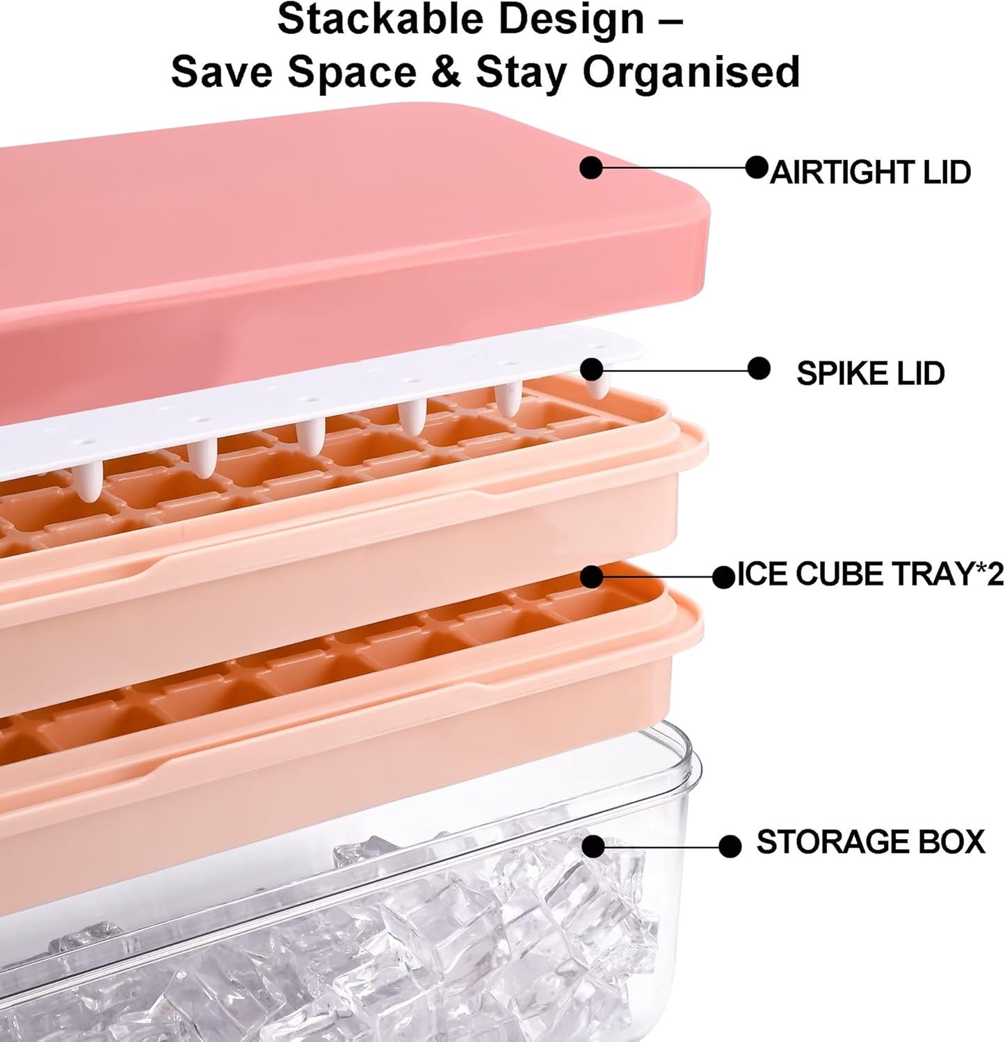 Ice Trays for Freezer with Lid & Bin, Ice Cube Tray Making 64 pcs Ice Cubes, Easy Press to Release Ice, Ice Tray with Storage Bin Chilling Cocktail Whiskey Coffee 2 Trays 1 Ice Bucket & Scoop (Black)