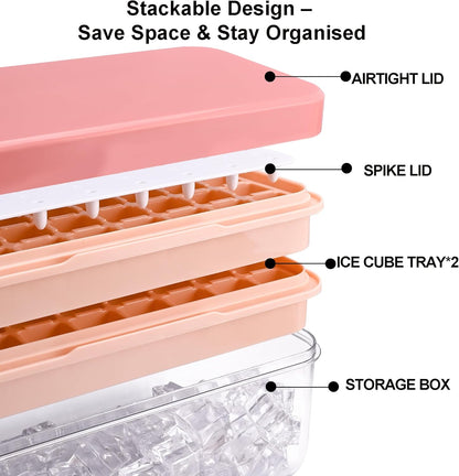 Ice Trays for Freezer with Lid & Bin, Ice Cube Tray Making 64 pcs Ice Cubes, Easy Press to Release Ice, Ice Tray with Storage Bin Chilling Cocktail Whiskey Coffee 2 Trays 1 Ice Bucket & Scoop (Black)