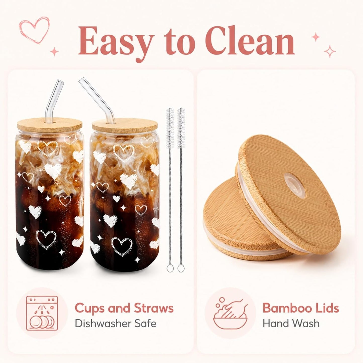 Glass Cups with Lids and Straws 1Pack,Glass Coffee Cups,Glass Cup with Lid for Iced Coffee,Smoothie,Cocktail,Beer,Whiskey,Soda,Matcha,16 Oz Glass Cup with Bamboo Lid,1 Brush