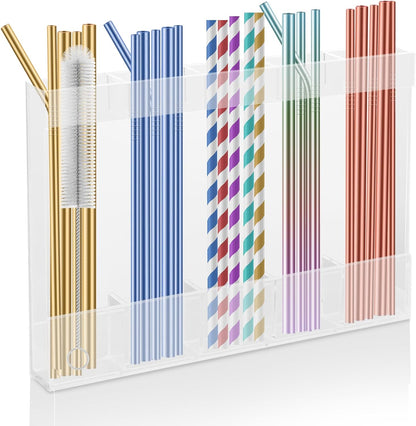 Acrylic Straw Holder for Cabinet, Reusable Straw Organizer with Double Sided Adhesive Tape Tumbler Straws Storage Container for Cupboard Drinking Straws Dispenser for Kitchen Counter (Transparent)