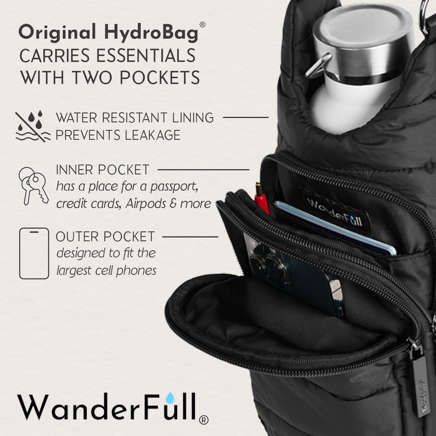 WanderFull Original HydroBag Fits Up to 32 oz Water Bottle Holder with Strap – Hands-Free Crossbody Water Bottle Carrier Bag with Phone Pocket - Colors A
