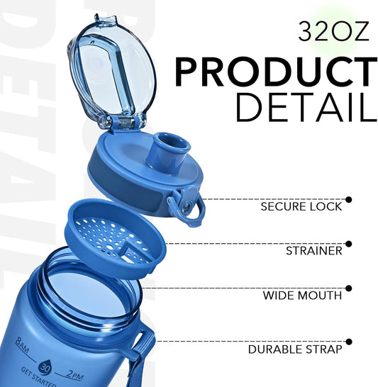 32oz Water Bottle with Time Marker, Motivational Drinking Bottle with Strap, BPA-Free Leak-Proof, Encouraging Water Bottle Time to Drink Water for Gym School Office Travel