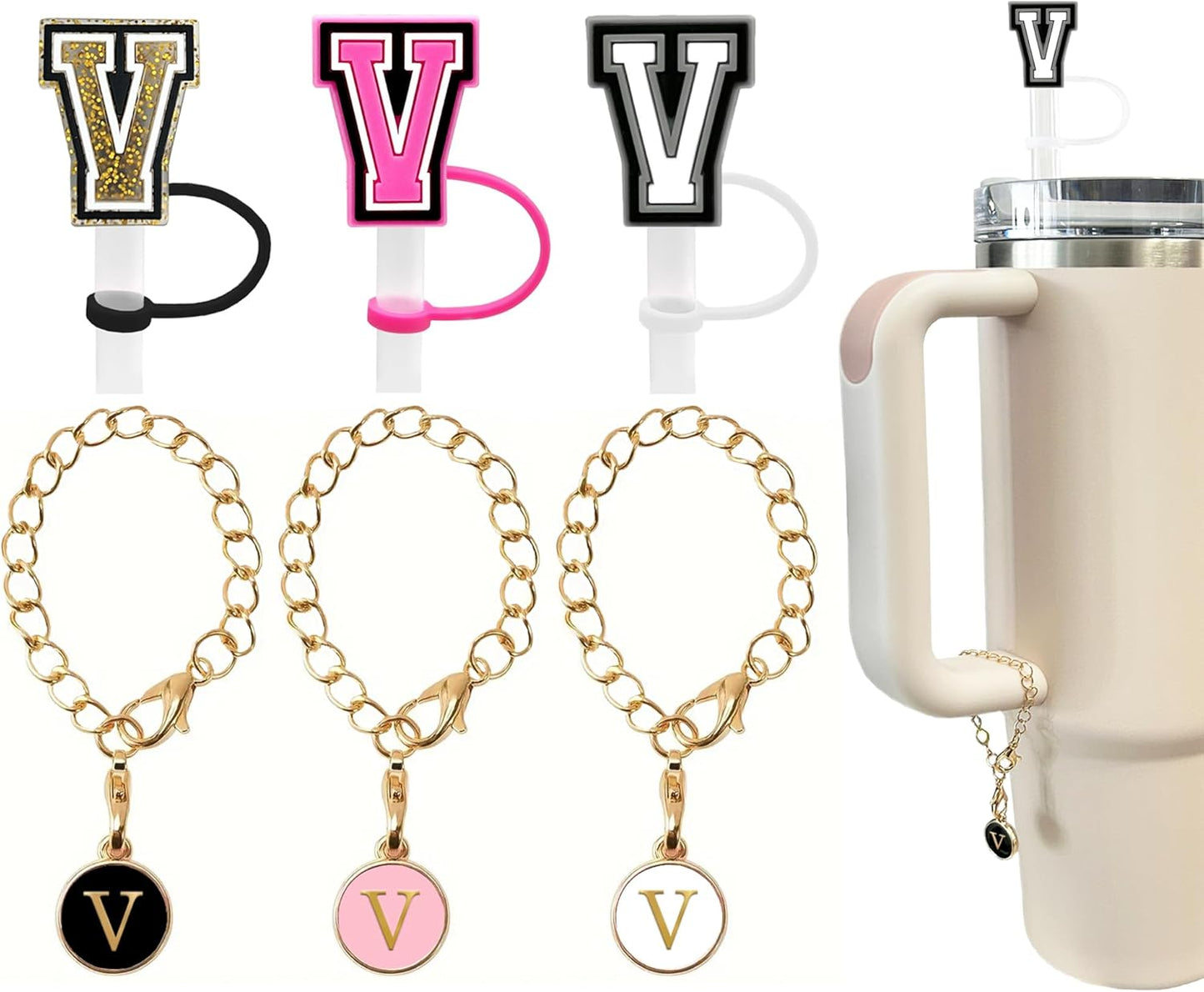 （3 +3) 3PCS Nuozme Straw Cover 10mm For Stanley Tumbler Cup Reusable Straw Cap Topper with 3 Initial Letter Charms Accessories Name ID Personalized Handle Charm For Stanley 30&40 Oz Cup Tumbler - Colors B