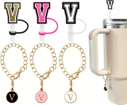（3 +3) 3PCS Nuozme Straw Cover 10mm For Stanley Tumbler Cup Reusable Straw Cap Topper with 3 Initial Letter Charms Accessories Name ID Personalized Handle Charm For Stanley 30&40 Oz Cup Tumbler - Colors B