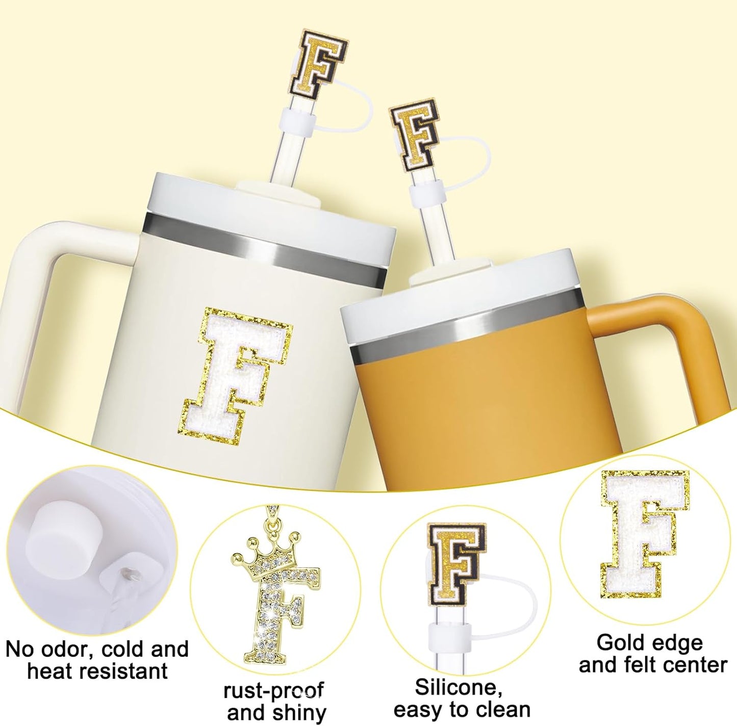 Mity Rain 6pc Cup Accessories Set for Stanley 30 oz & 40 oz Tumbler with Handle, Including Straw Cover Cap, Cup Initials Charm, Silicone Boot, Round & Square Spill Proof Stopper