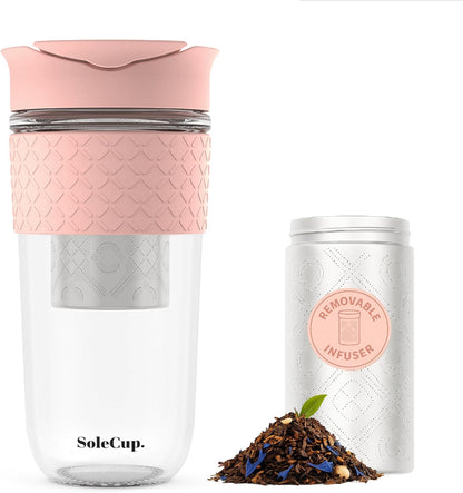 Travel Mug Loose Tea Infuser - Detachable Tea Strainer with Spillproof Lid - BPA-Free Reusable Glass Travel Coffee Cup with Silicone Band (Ice Cream, 12oz)