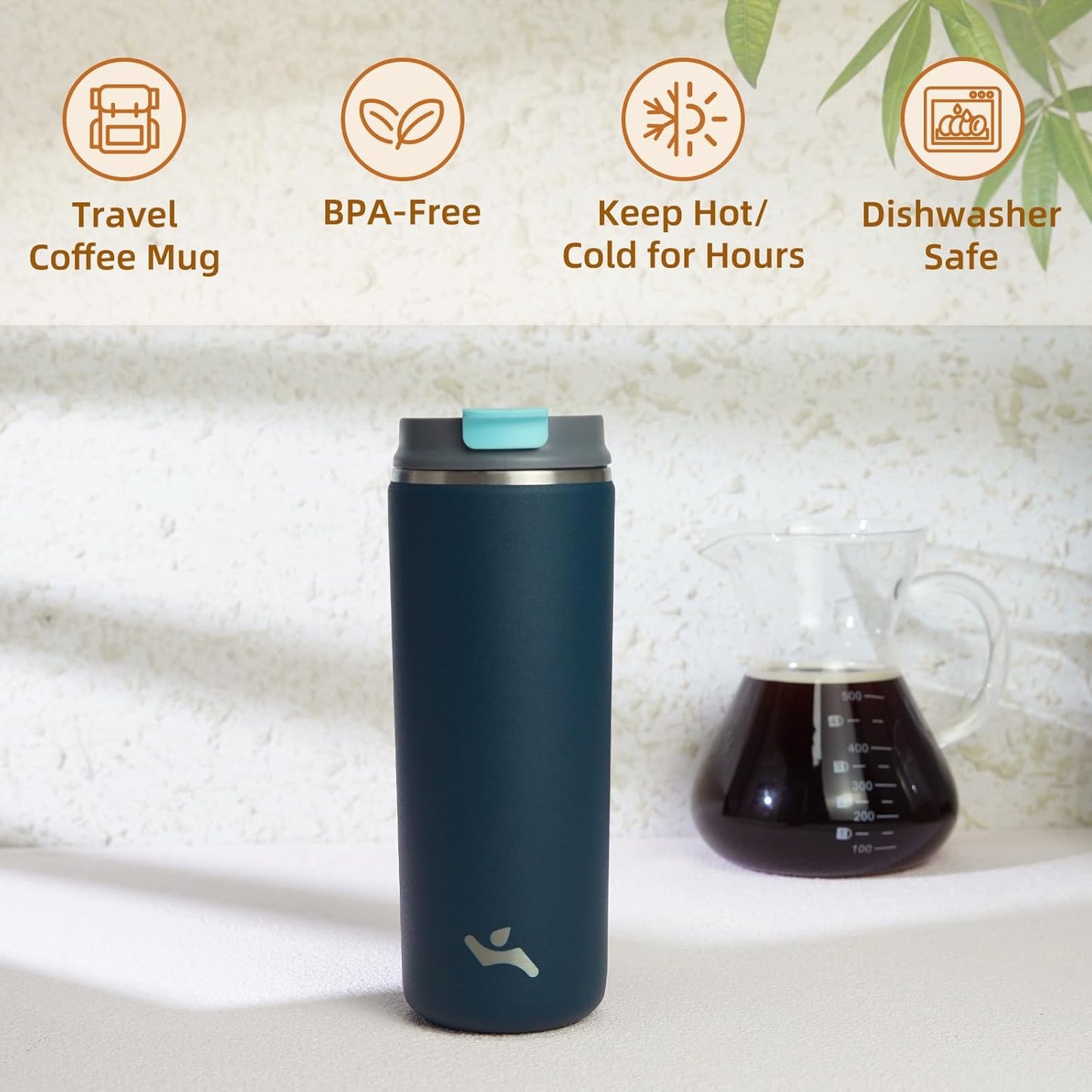 Konokyo Tumbler with Lid, 16 oz Travel Coffee Mug Double Wall Vacuum Stainless Steel Thermal Metal Cup Insulated Water Bottle,Navy Blue