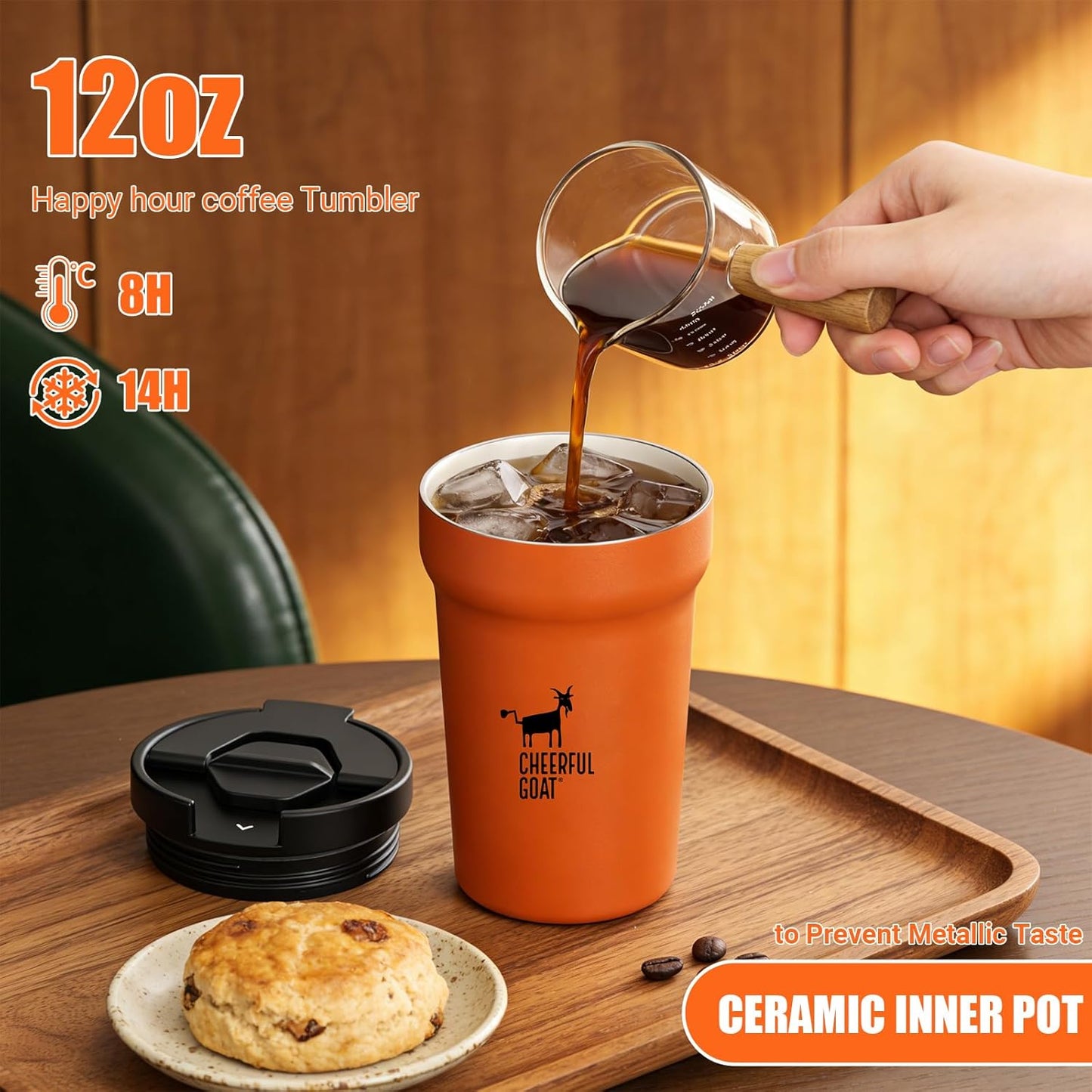 CHEERFUL GOAT Insulated Coffee Mug – Stainless Steel Travel Coffee Tumbler with Ceramic Liner, 12oz Coffee Cup for Hot and Cold Water Coffee at Home, Office, or On the Go (orange)