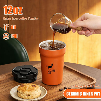 CHEERFUL GOAT Insulated Coffee Mug – Stainless Steel Travel Coffee Tumbler with Ceramic Liner, 12oz Coffee Cup for Hot and Cold Water Coffee at Home, Office, or On the Go (orange)