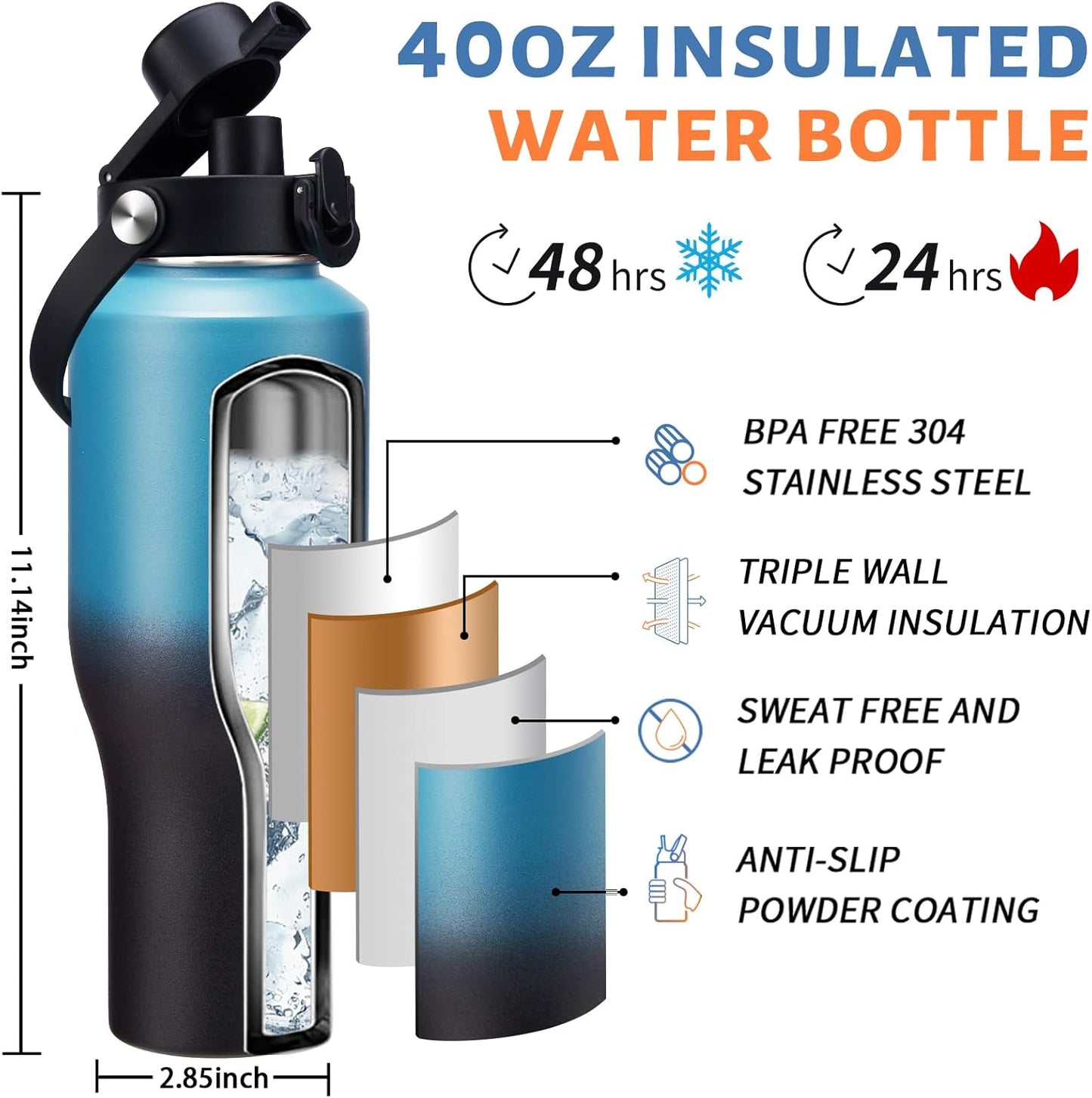 Insulated Water Bottle 40 oz - Fits in any Car Cup Holder, Keep Cold 48H Hot 24H, Stainless Steel Waterbottle Double Wall Flask with Straw, Pop-up Spout Lid, Paracord Handle, Carrier Bag