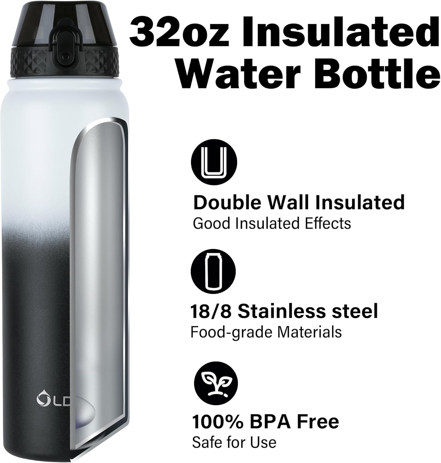 Oldley Insulated Water Bottle 20oz for Adults Kids Stainless Steel Water Bottles with Straw/Chug/Carabiner 3 Lids Fruit Strainer Double Wall Vacuum Wide Mouth BPA Free Leak-Proof for School Travel
