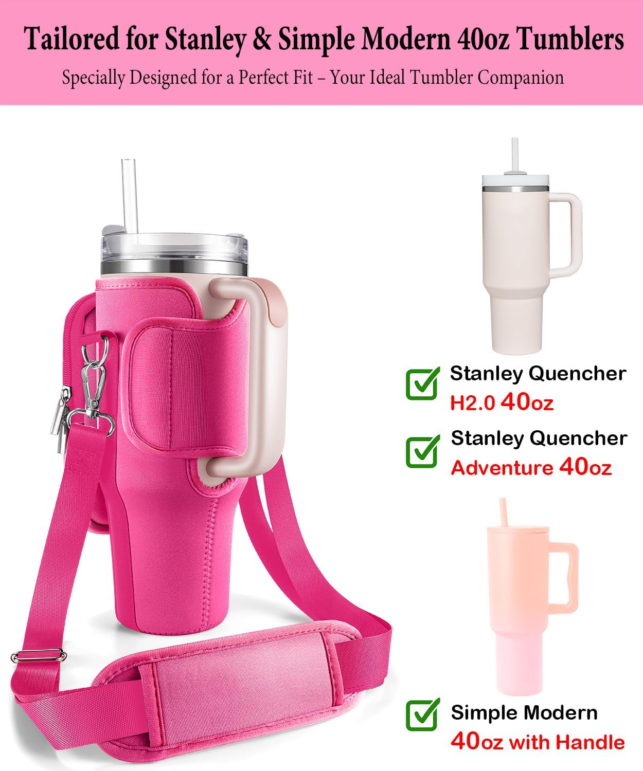 Carrier Bag with Phone Pocket for Stanley 40 oz Tumbler with Handle & Simple Modern 40oz Tumbler - Water Bottle Sling Sleeve Holder for Stanley Cup Accessories with Adjustable Shoulder & Hand Strap