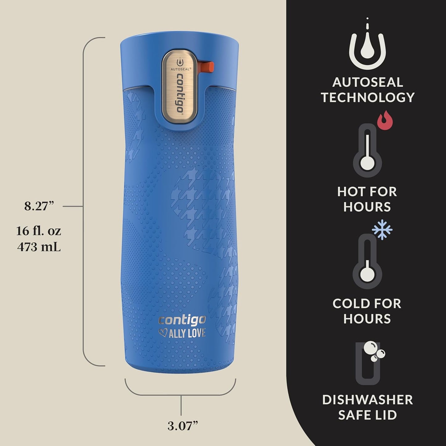 Contigo x Ally Love Stainless Steel Vacuum-Insulated Travel Mug with Autoseal and Easy Clean Lid, Spill-proof, Keeps Drinks cold 24 hrs & hot for 11 hrs, BPA Free, 16oz., West Loop 3.0, Licorice