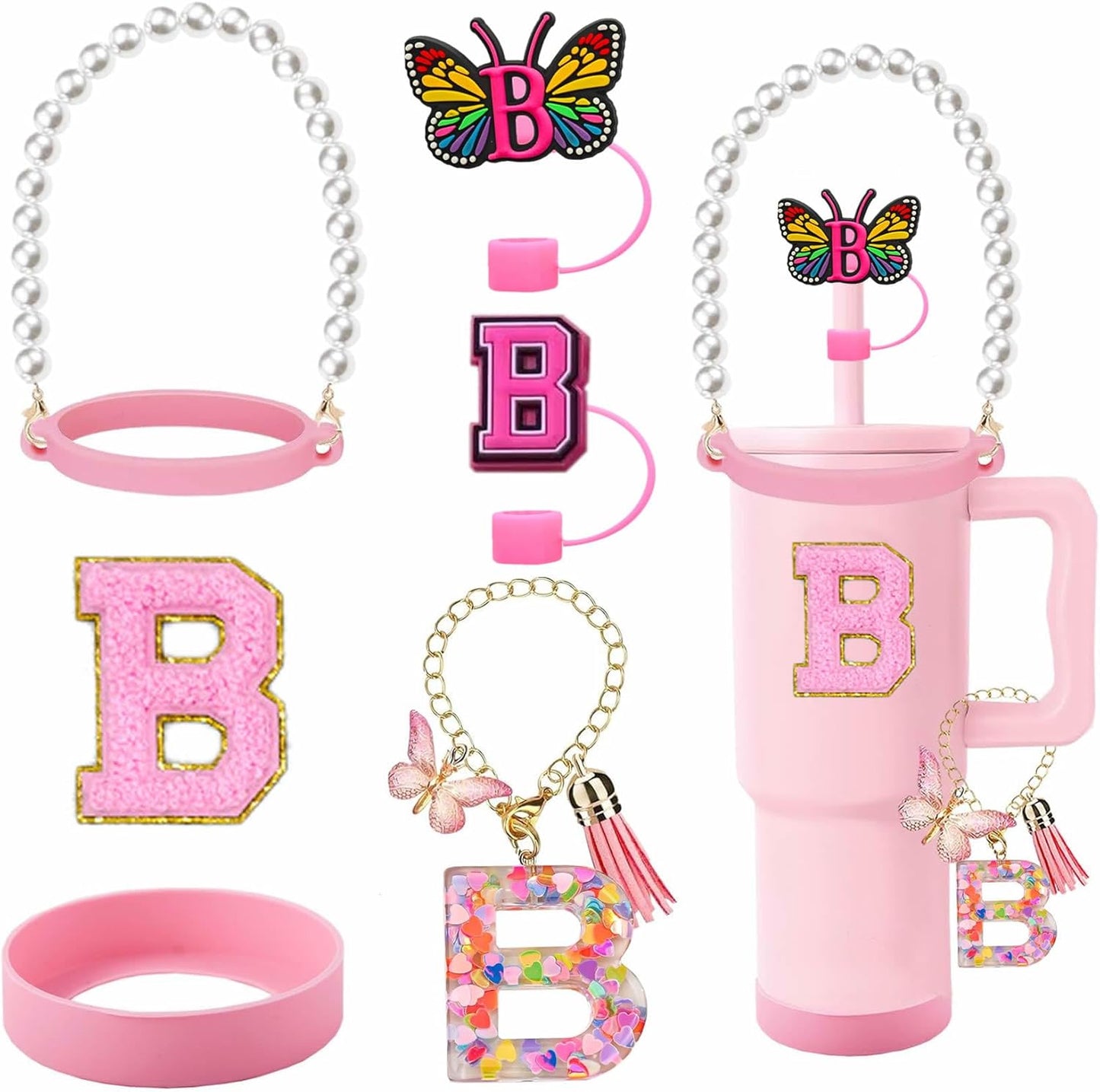 7pcs Cup Accessories for Stanley 30/40oz Tumbler, Handle Strap, Straw Cover, Silicone Boot, Letter Charm Stickers