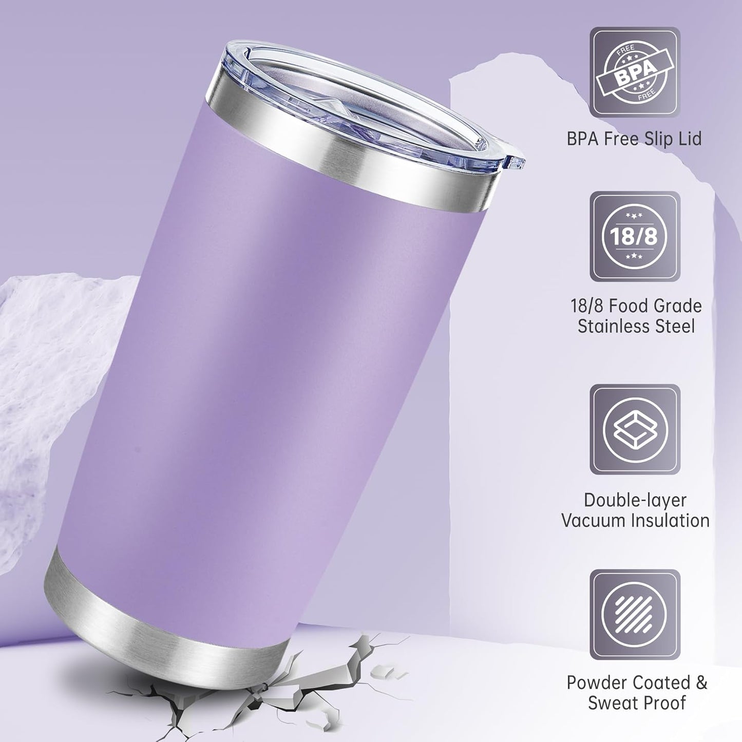 20 oz Tumblers Bulk Stainless Steel Tumbler with Lid Double Wall Vacuum Insulated Coffee Mug 20oz Powder Coated Cup for Hot and Cold Drinks, Stainless, 6 pack