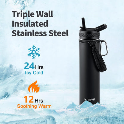 WixByti 40 oz Insulated Water Bottle with Straw (Cold for 36 Hrs), Stainless Steel Triple Wall Vacuum Sports Water Jug, Leakproof Hydro Cup Flask with Paracord Handle & Straw Spout Lids & DIY Stickers