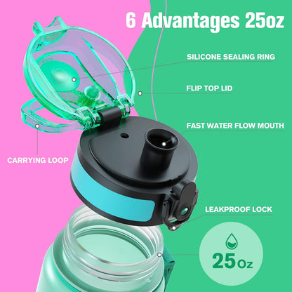Sahara Sailor Water Bottle 32oz, Durable and Leakproof Water Bottles Motivational with Time Marker, Tritan, BPA Free, Wide Mouth with Easy Clean Brush for Gym, Travel, Home, School, Office (1 Bottle)