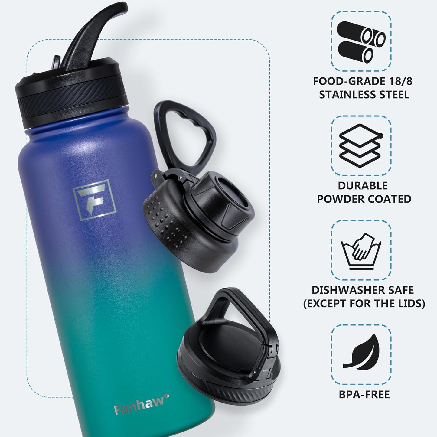 Fanhaw 40 oz Insulated Water Bottle – Stainless Steel Flask with 3 Lids (Straw, Spout, Carabiner) | Durable, Leakproof, for Hiking, Camping, Outdoor Adventures & Travel (Green Blue)