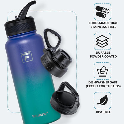 Fanhaw 40 oz Insulated Water Bottle – Stainless Steel Flask with 3 Lids (Straw, Spout, Carabiner) | Durable, Leakproof, for Hiking, Camping, Outdoor Adventures & Travel (Green Blue)