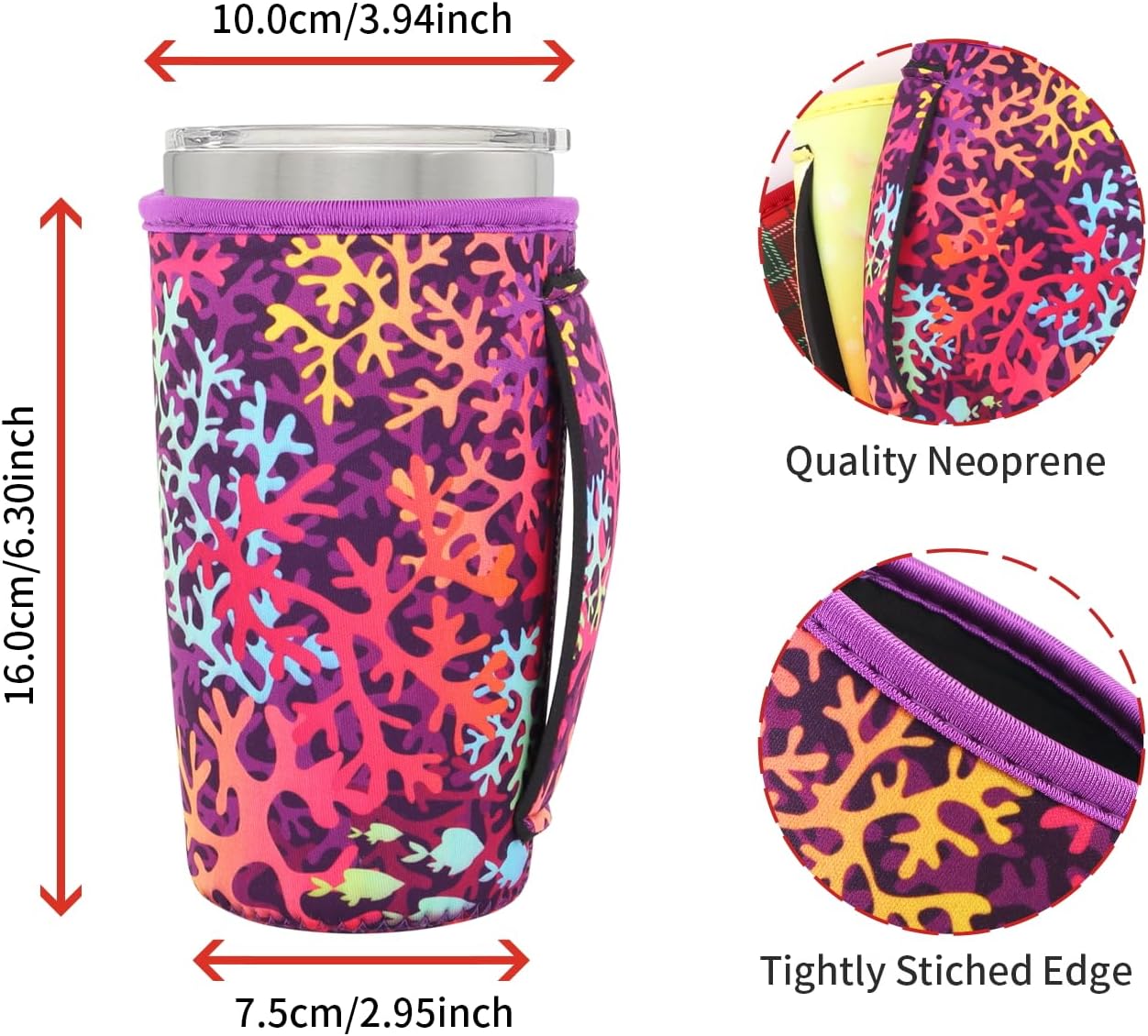 Reusable Iced Coffee Cup Sleeve Neoprene Insulated Sleeves Cup Holder with handle Idea for 30oz - 32oz Tumbler Cups, Protein Shake Bottles(Only Cup Sleeves), Black - Colors B