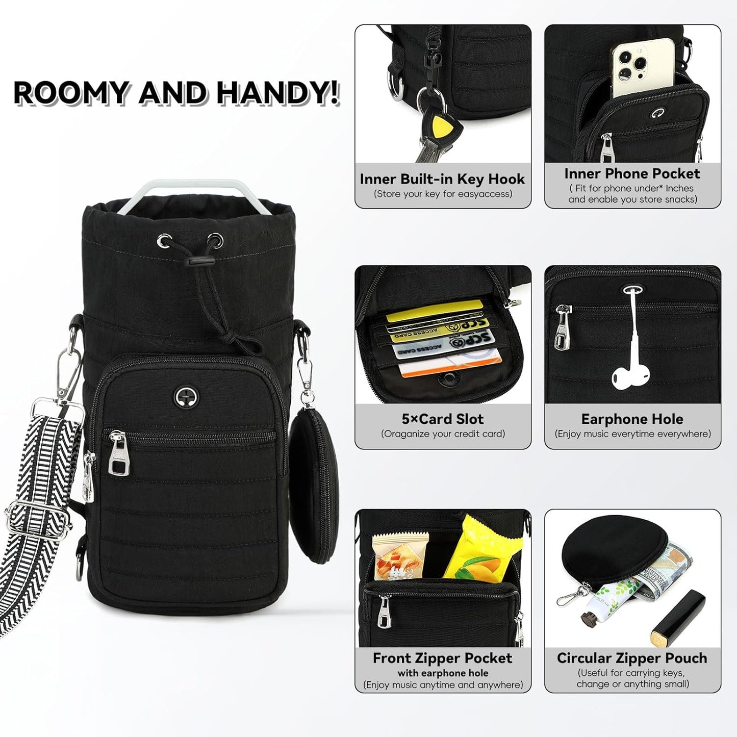 Water Bottle Carrier Bag with Strap, Sling Bag for Walking, Hiking, Cycling, Black, 40 Ounces