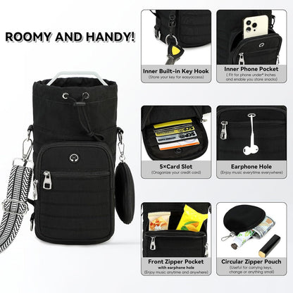 Water Bottle Carrier Bag with Strap, Sling Bag for Walking, Hiking, Cycling, Black, 40 Ounces