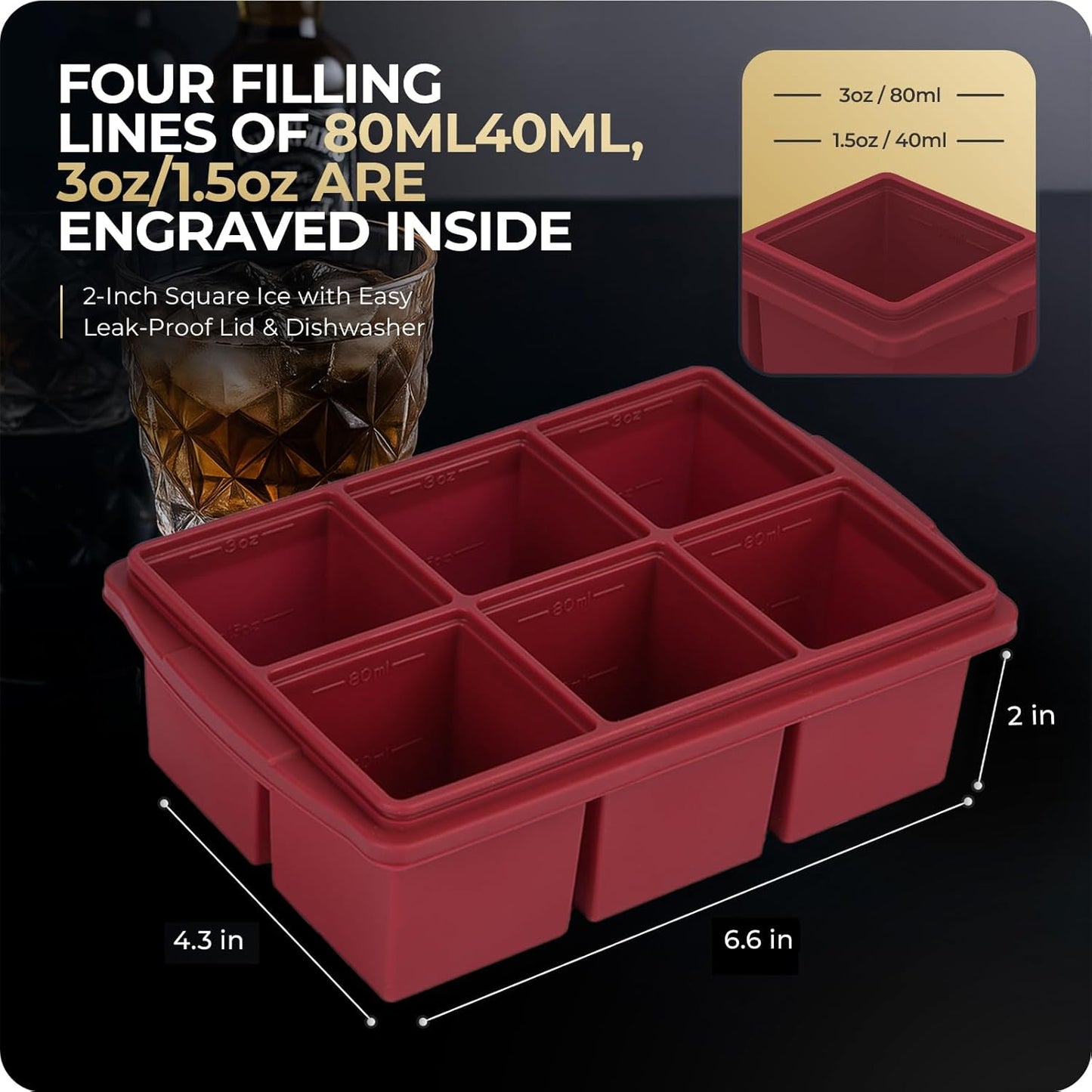 Large Ice Cube Trays for Whiskey, Silicone Ice Cube Tray, with Reinforced Steel Ring Top, Makes 12 perfect 2-in ice cubes, Square Ice Tray for Cocktails, Whiskey, Coffee. (2 Pack)