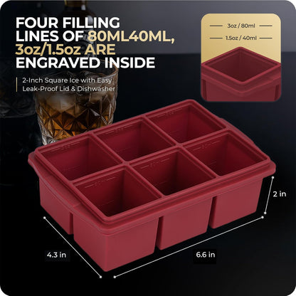 Large Ice Cube Trays for Whiskey, Silicone Ice Cube Tray, with Reinforced Steel Ring Top, Makes 12 perfect 2-in ice cubes, Square Ice Tray for Cocktails, Whiskey, Coffee. (2 Pack)