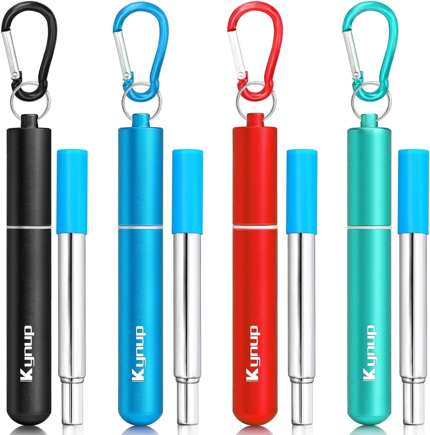 Kynup 4Packs Reusable Straws, Metal Straw with Silicon, Travel Drinking Straws with Case, Keychain, Cleaning Brushes, Silicon Pcs Perfect for Travel, Gifts (20 PCS) Blue-Black-Silver-Turquoise