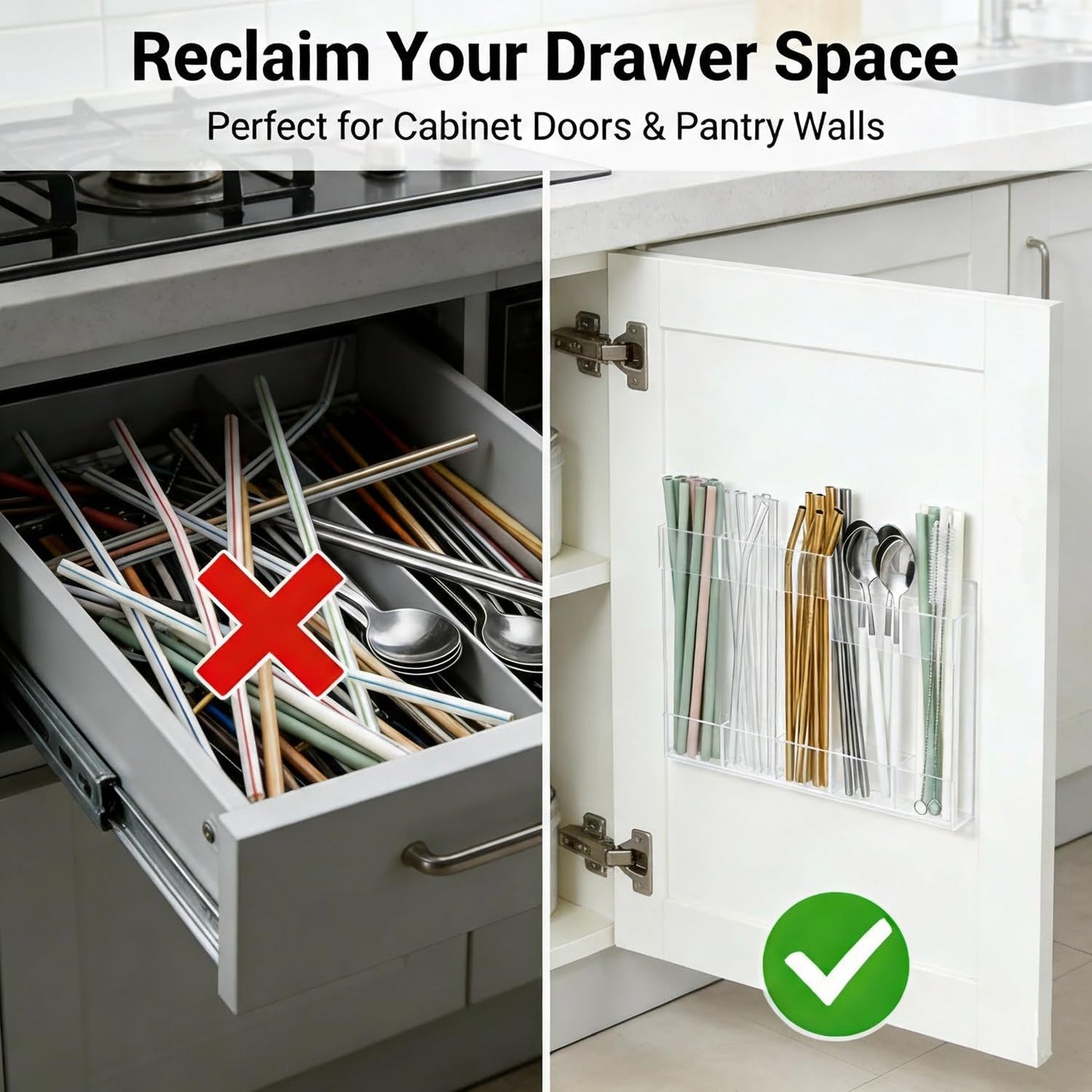 Straw Holder for Cabinet Door – Reusable Straw Organizer & Dispenser with Damage-Free Adhesive & Drain Holes – Fits Stanley, Yeti, Silicone & Metal Straws