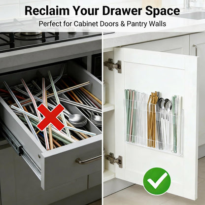Straw Holder for Cabinet Door – Reusable Straw Organizer & Dispenser with Damage-Free Adhesive & Drain Holes – Fits Stanley, Yeti, Silicone & Metal Straws