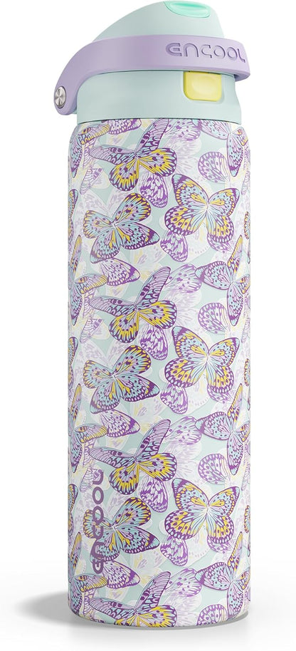 ENCOOL Leakproof Insulated Water Bottle with Straw Dual-Sip Water Bottle Bag-Safe Design for Work, Commute & Gym – Keeps Drinks Cold All Day, 24 oz, Lemonade Pink - Colors A