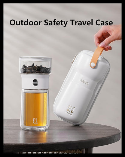 ZENS Modern Glass Infuser Teapot, One Touch Tea Maker for Loose Leaf Tea with Insulated Mug and Portable Case. Enchanted Pot Alternatives for Tea Lover Gifts