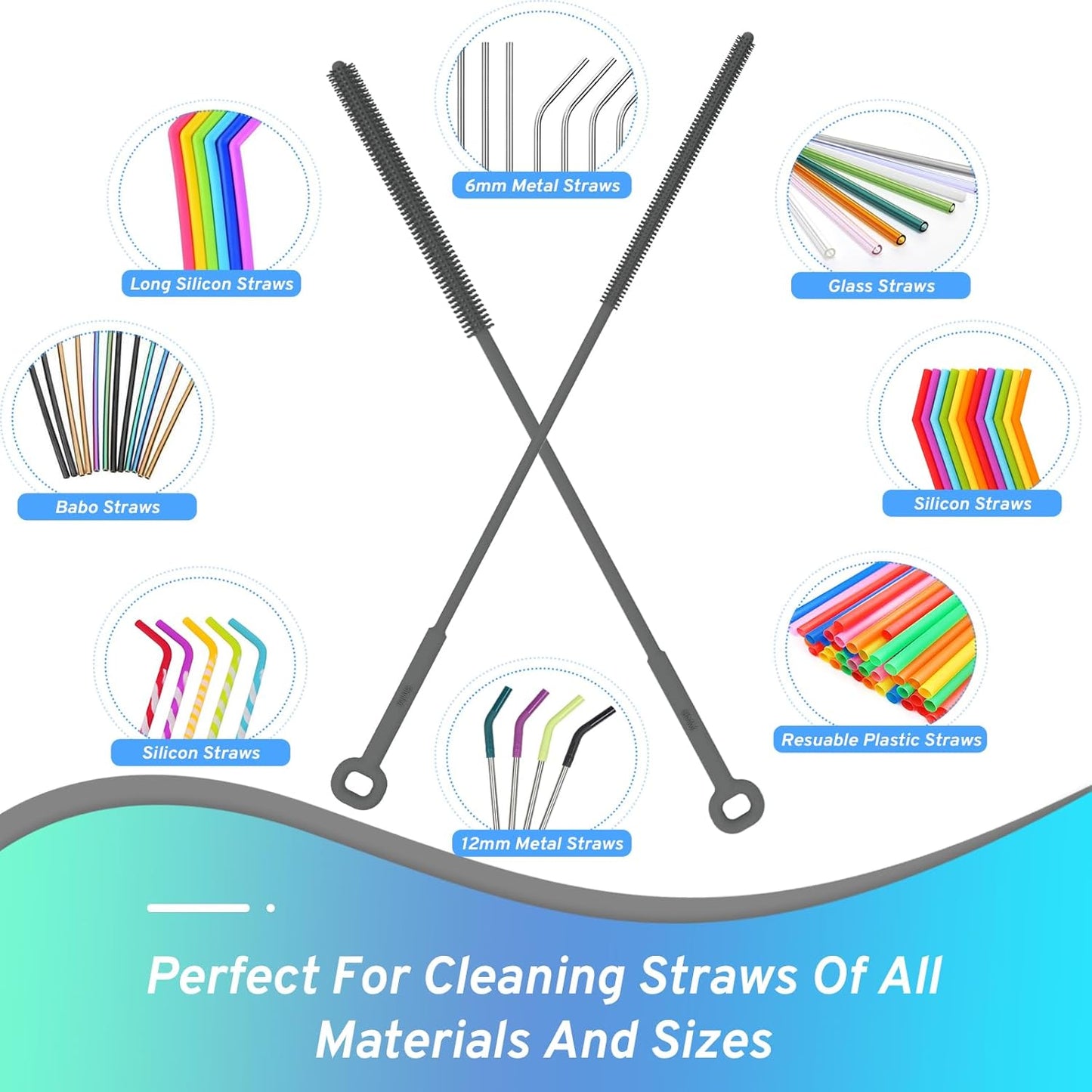 Silicone Water Bottle Brush and Straw Cleaner Set,Long Bottle Brush,Straw Cleaning Brush Silicone,Long Handle Scrub Cleaning Brush for Narrow Neck Bottle,Wine Bottle,Thermos,Sports Bottles (Dark Grey)