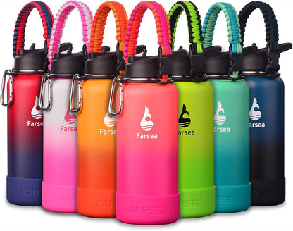 Farsea Insulated Water Bottle With Paracord Handle, Protective Silicone Boot and 2 Lids (Straw Lid & Spout Lid), Stainless Steel Water Bottle Wide Mouth, Double Wall Sweat-Proof BPA-Free, 24 oz