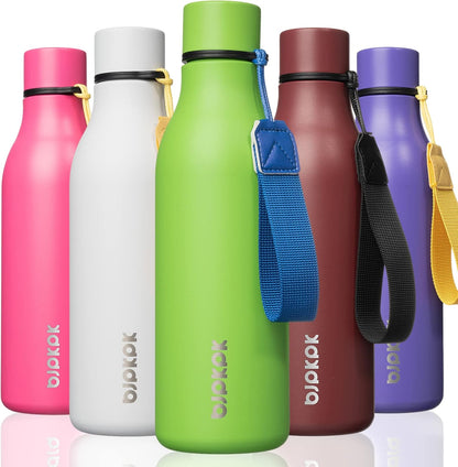 BJPKPK Insulated Water Bottles, 18 oz Stainless Steel Metal Water Bottle with Strap, BPA Free Leak Proof Jugs, Mugs, Flasks, Reusable Thermal Flasks for Sports & Travel, Black - Colors B