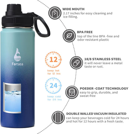 Farsea Insulated Water Bottle With Paracord Handle, Protective Silicone Boot and 2 Lids (Straw Lid & Spout Lid), Stainless Steel Water Bottle Wide Mouth, Double Wall Sweat-Proof BPA-Free, 24 oz