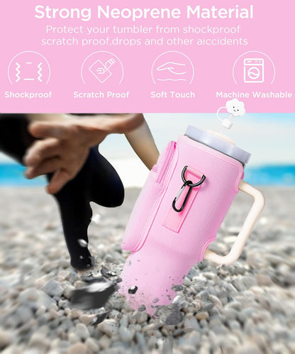 dabria Water Bottle Carrier Bag with Phone Pocket for Stanley 40/30 oz Tumbler Neoprene Water Bottle Holder Pouch with Adjustable Strap Bollus with Straw Cover for Stanley Cup Accessories