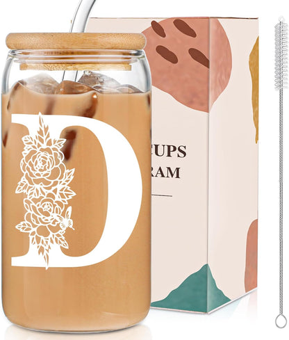 Glass Cups with Lids and Straws: Personalized Initial Glass Cup Be Used As Reusable Iced Coffee Cups with Lids,Cute Matcha Tumbler - The Christmas/Birthday Gifts for Women - M Smoothie Cup