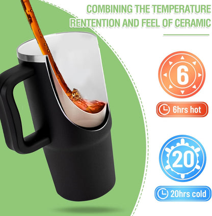 Zukro 24 oz Ceramic Lined Tumbler with Handle and Straw, No Metal Taste, Insulated Stainless Steel Coffee Mug with Spill Proof Lids for Home/Office, No Sweat, Keep Drinks Hot or Cold, Black