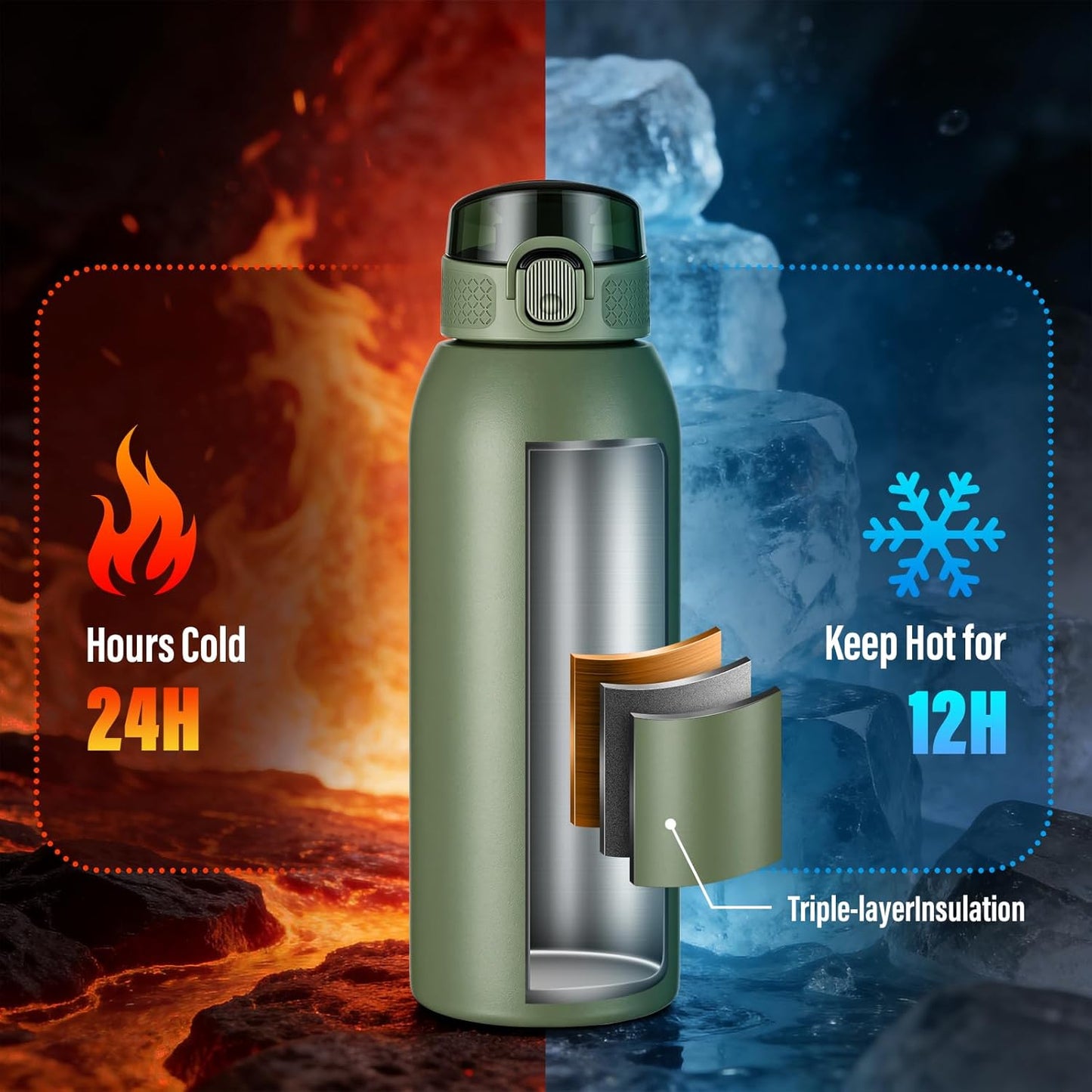 Insulated Water Bottle 24 oz with Dustproof Lid, Carry Handle & Tea Infuser, BPA-Free & Leakproof, Stainless Steel Water Bottles Ideal for Fitness, Hiking, Office & Outdoor Use (Black)