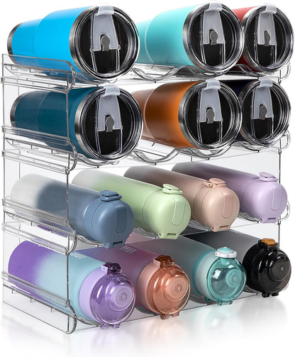 spospo Stackable Water Bottle Organizer, Large Compartment Water Bottle Holder, 4 Tier Clear Water Bottle Organizer for Cabinet, Bottle Rack for Kitchen Organization and Storage - Hold 16 Bottles