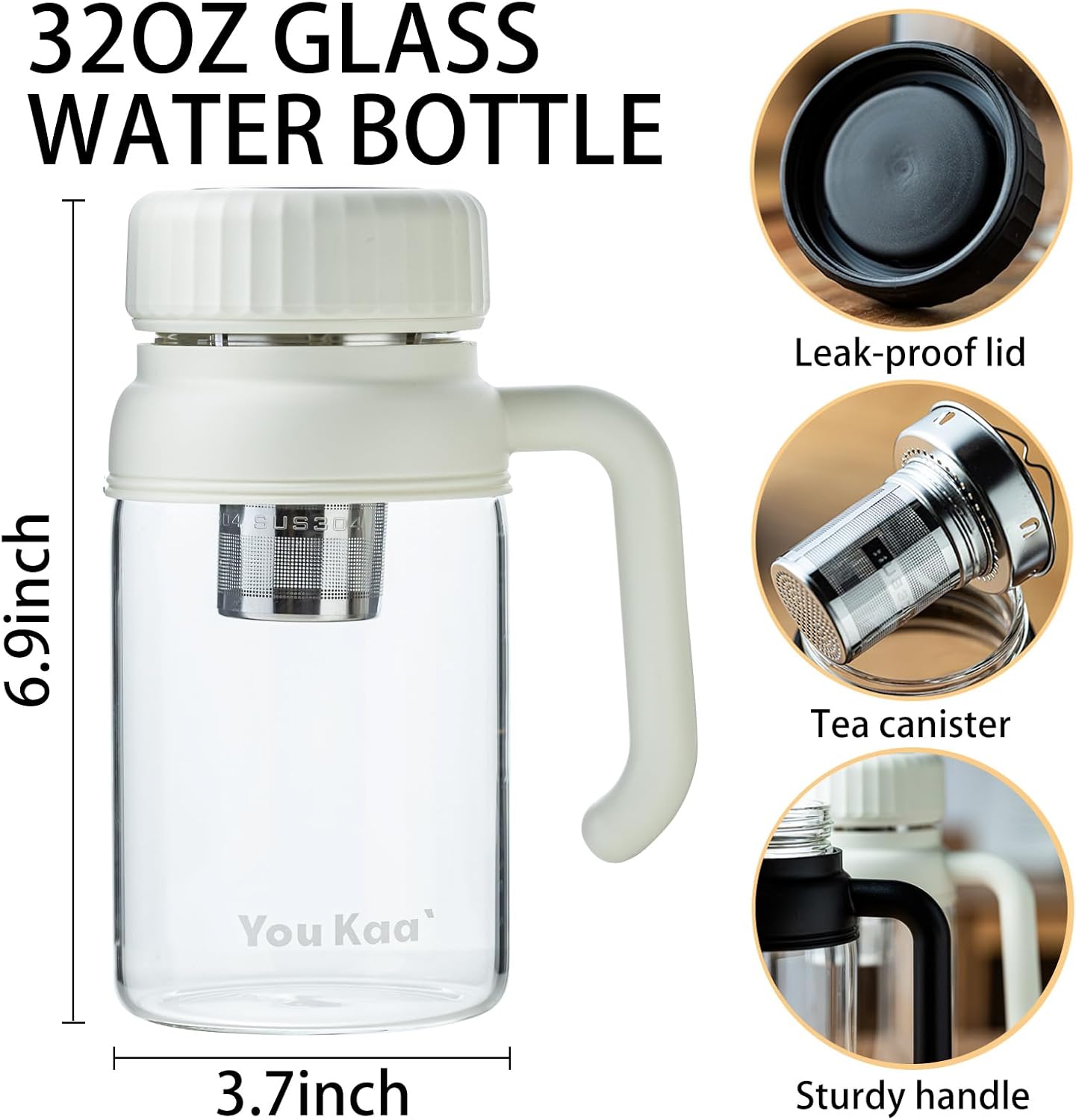 32oz Tea Infuser Bottle - Large Glass Water Bottle with Removable Infuser for Loose Leaf Tea & Fruit, Leakproof, Lead-free, Wide Mouth for Easy Cleaning - Handle for Hot & Cold Beverages (White)