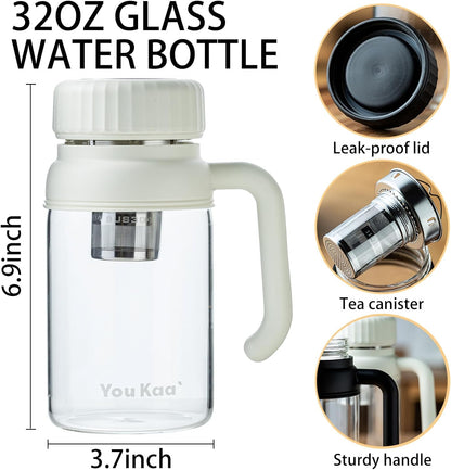 32oz Tea Infuser Bottle - Large Glass Water Bottle with Removable Infuser for Loose Leaf Tea & Fruit, Leakproof, Lead-free, Wide Mouth for Easy Cleaning - Handle for Hot & Cold Beverages (White)