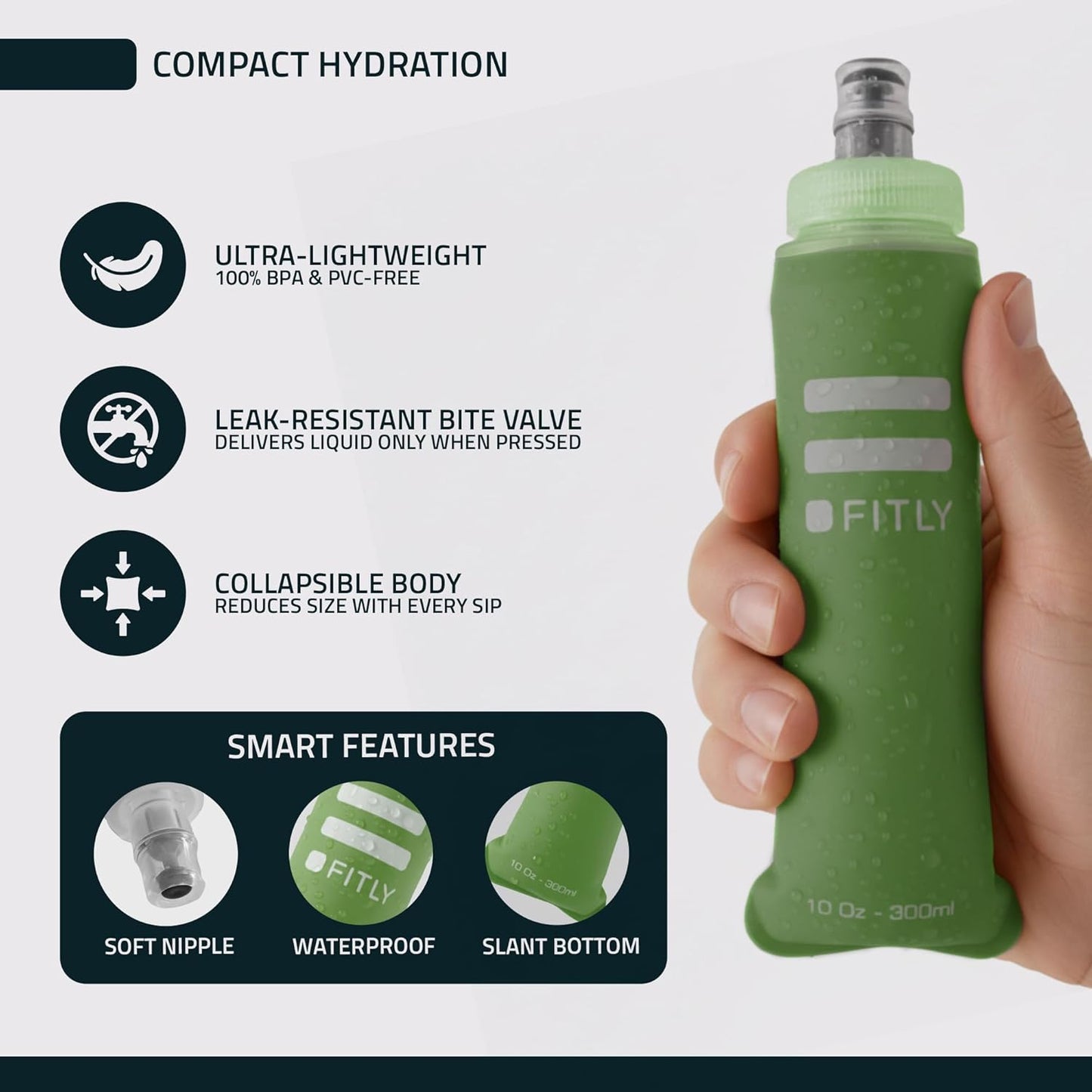 FITLY Soft Flask - Shrink As You Drink Soft Water Bottle for Hydration Pack - Folding Water Bottle Ideal for Running, Hiking, Cycling, Climbing & Rigorous Activity